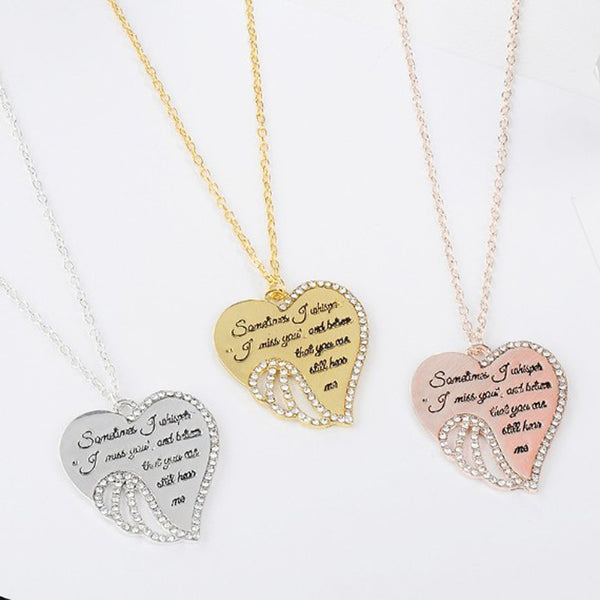 Shiny Rhinestone Heart Wing Pendant Necklace Lover's Honeyed Words Carved Angel Wings Charm Necklace Memorial Gift Jewelry